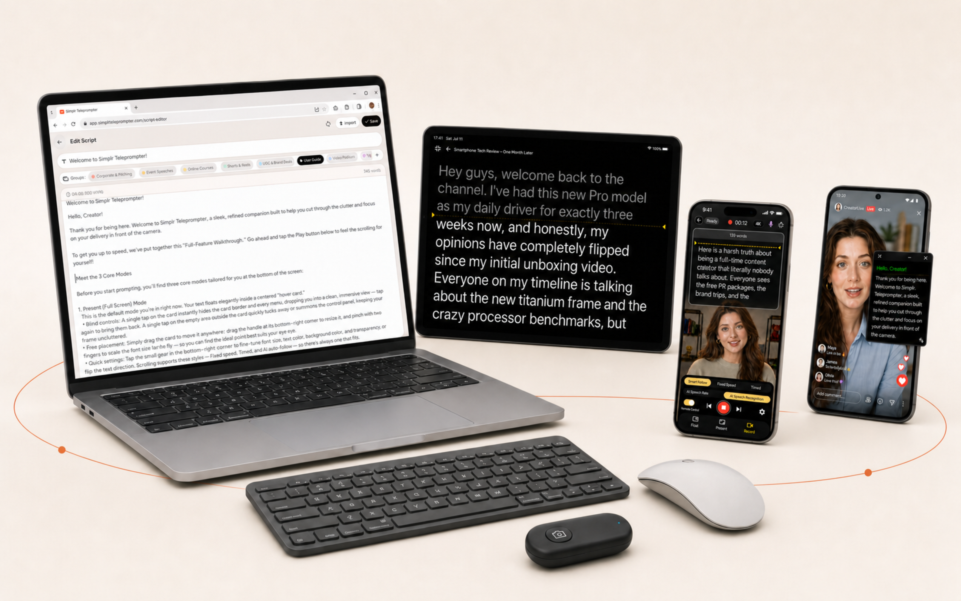Simplr Teleprompter on a laptop, tablet, iPhone, and Android phone with keyboard, mouse, and camera shutter remote
