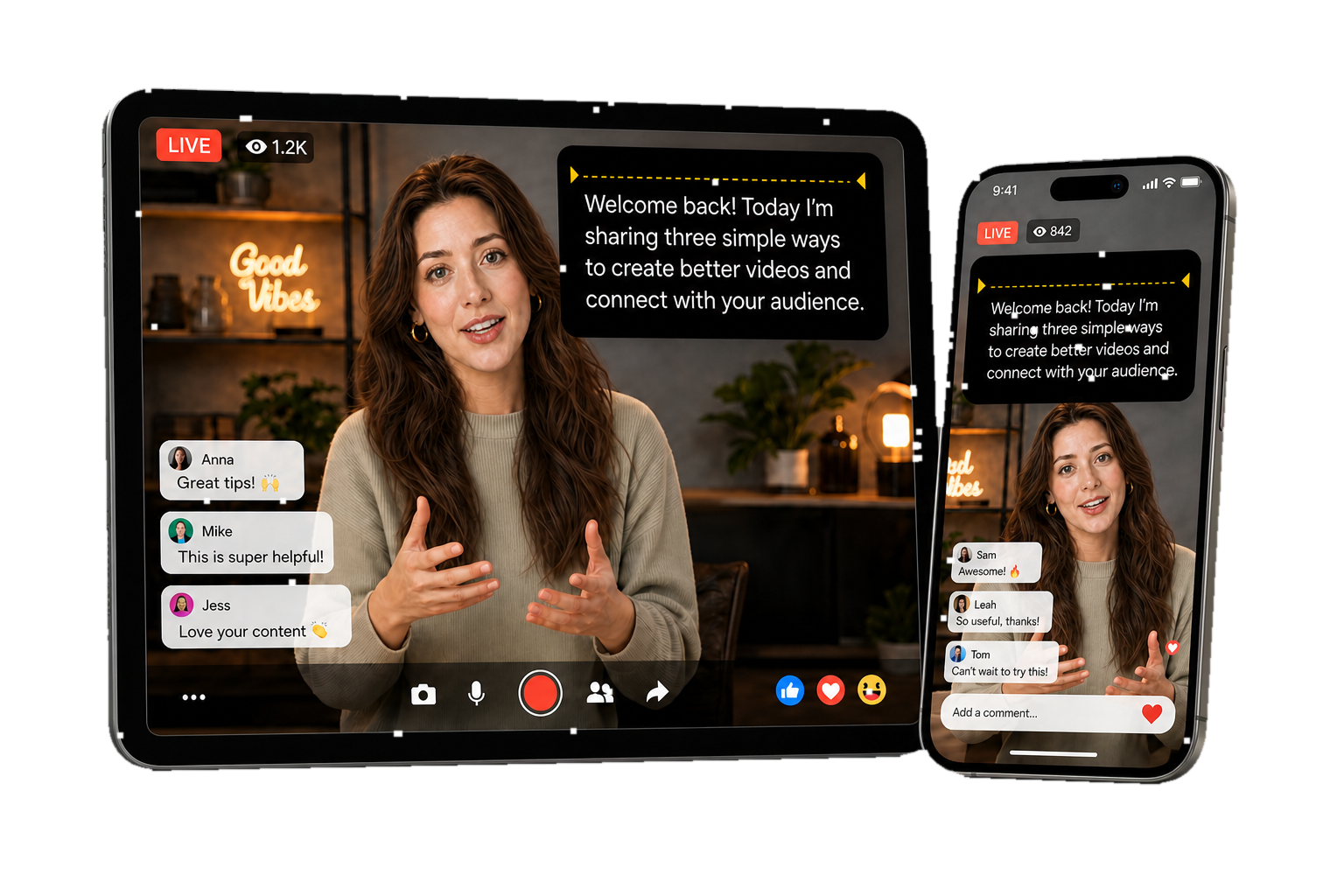 Simplr Teleprompter supporting recording and livestreaming across a tablet and phone